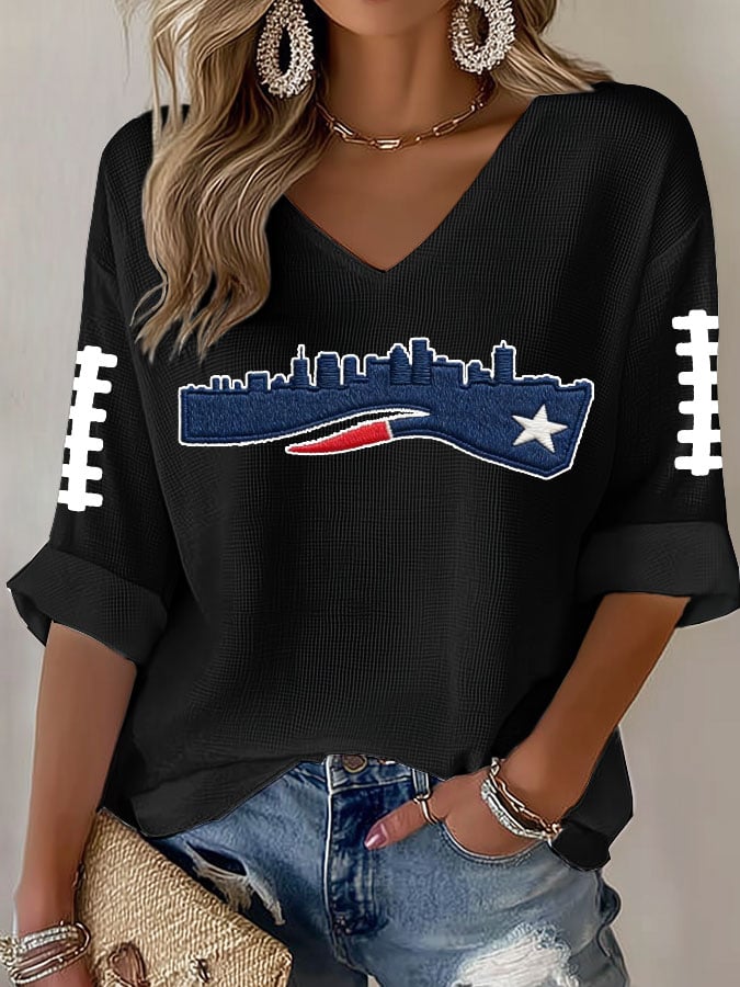 Women's Football Print Waffle Long Sleeve T-Shirt