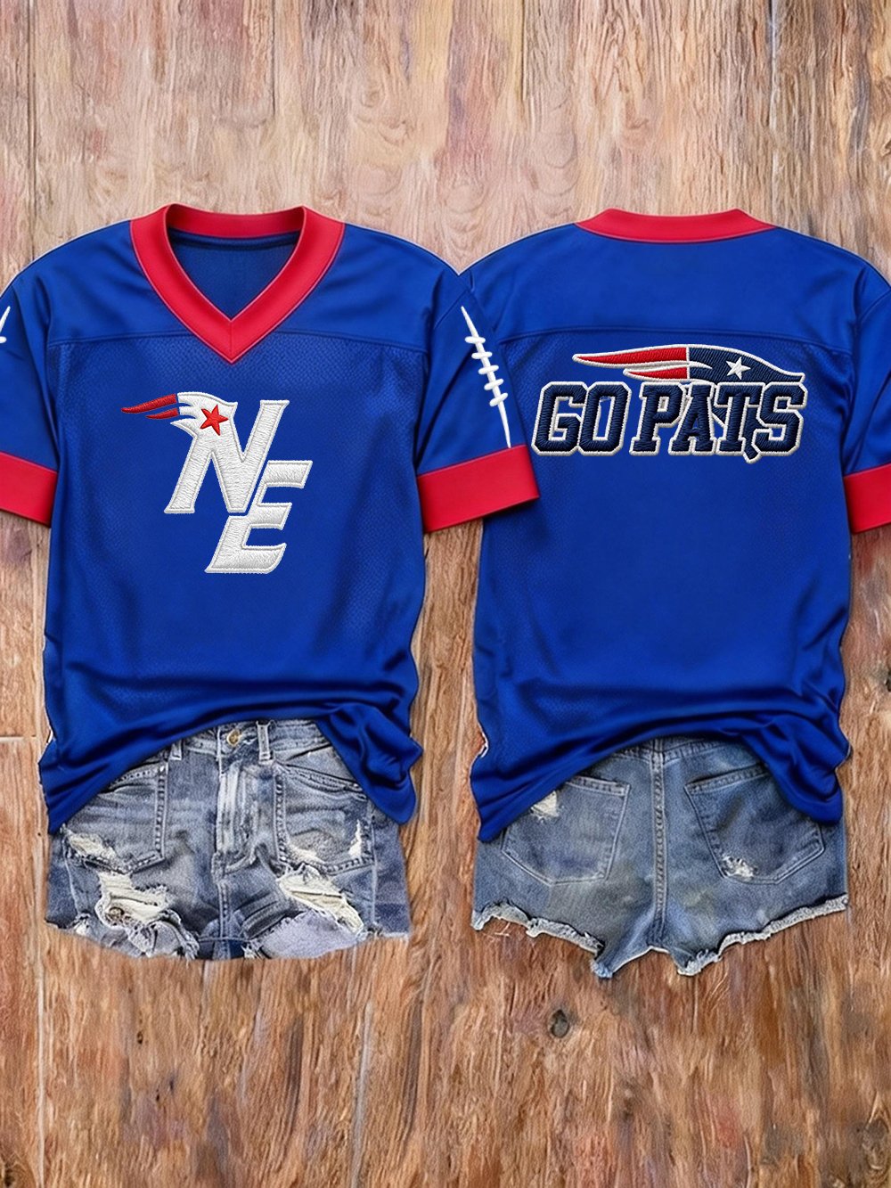 Women’s Football Embroidered Graphic V-Neck T-Shirt