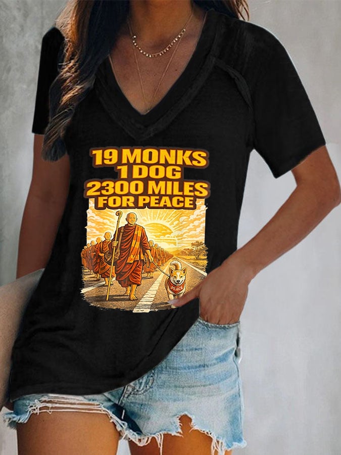 V-Neck Retro Walk For Peace 19 Monks 1 Dog 2300 Miles For Peace Print T-Shirt