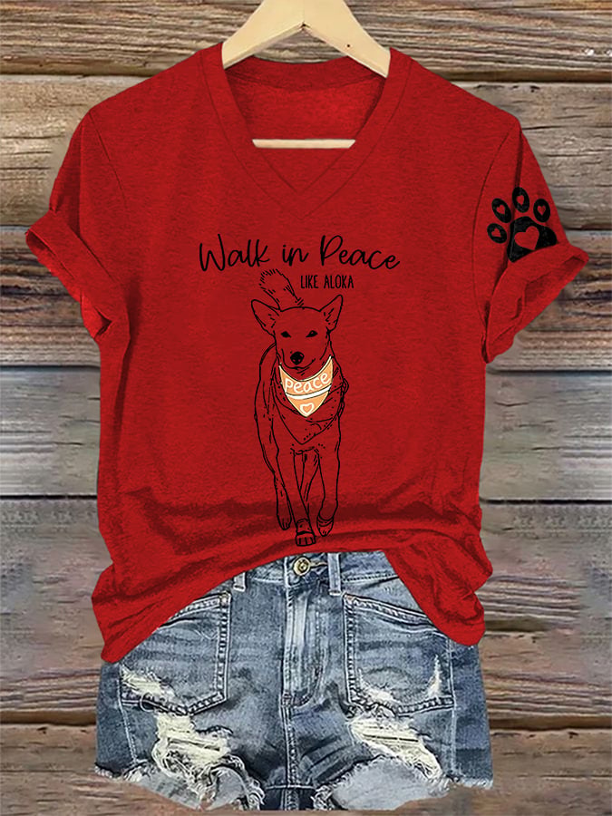 V-Neck Retro Walk In Peace Like Aloka Dog Print T-Shirt