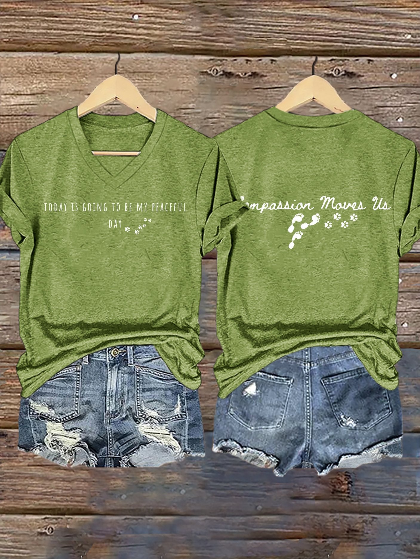 V-Neck Retro Peace Walking Monks With Aloka Dog -Today Is Going To Be Our Peaceful Day Compassion Move Us Print T-Shirt