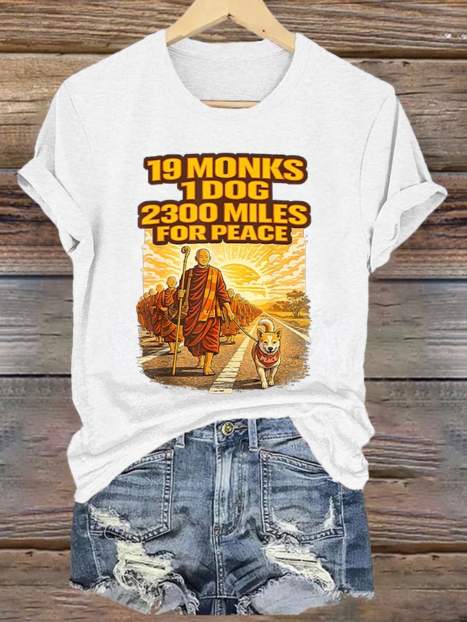 Retro Walk For Peace 19 Monks 1 Dog 2300 Miles For Peace Print T-Shirt