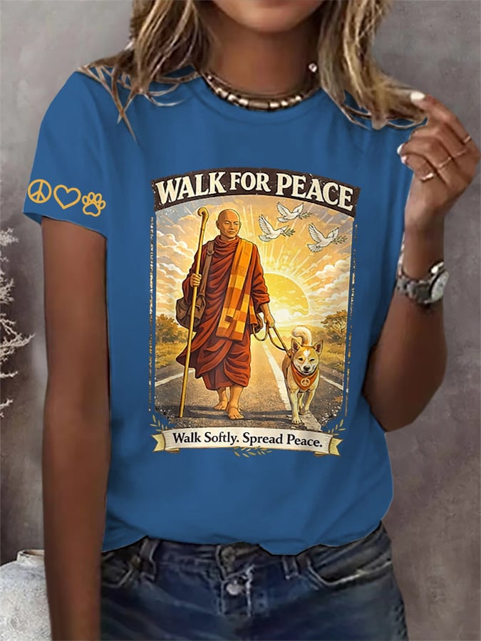 Retro Walk For Peace Monks With Aloka The Peace Dog Walk For Peace Walk Softly. Spread Peace Print T-Shirt