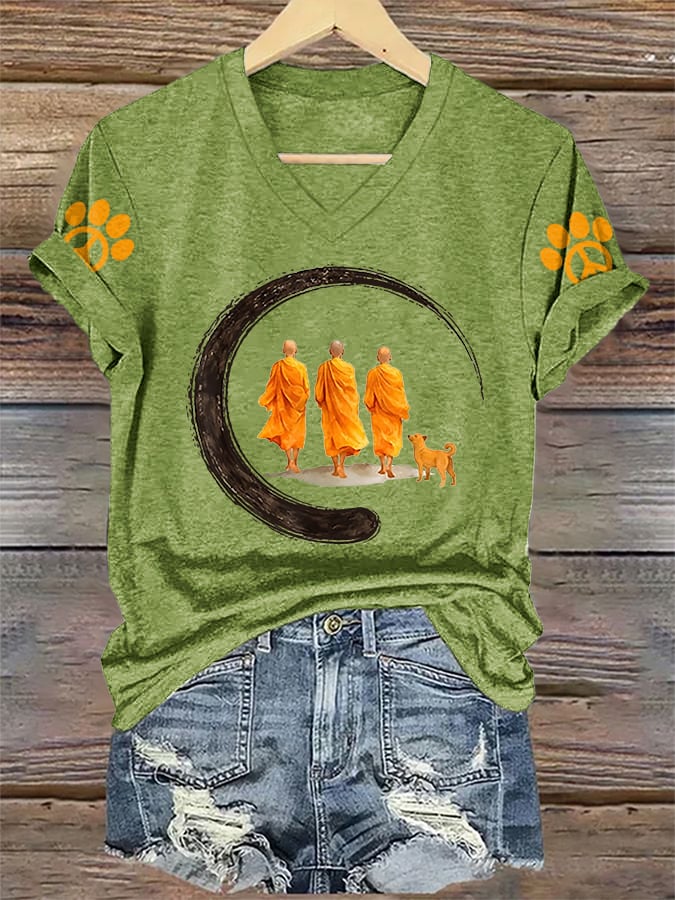 V-Neck Retro Walk In Peace Like Aloka Dog Print T-Shirt