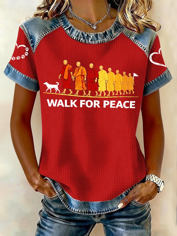 Retro Walk For Peace Monks With Aloka Dog Print T-Shirt