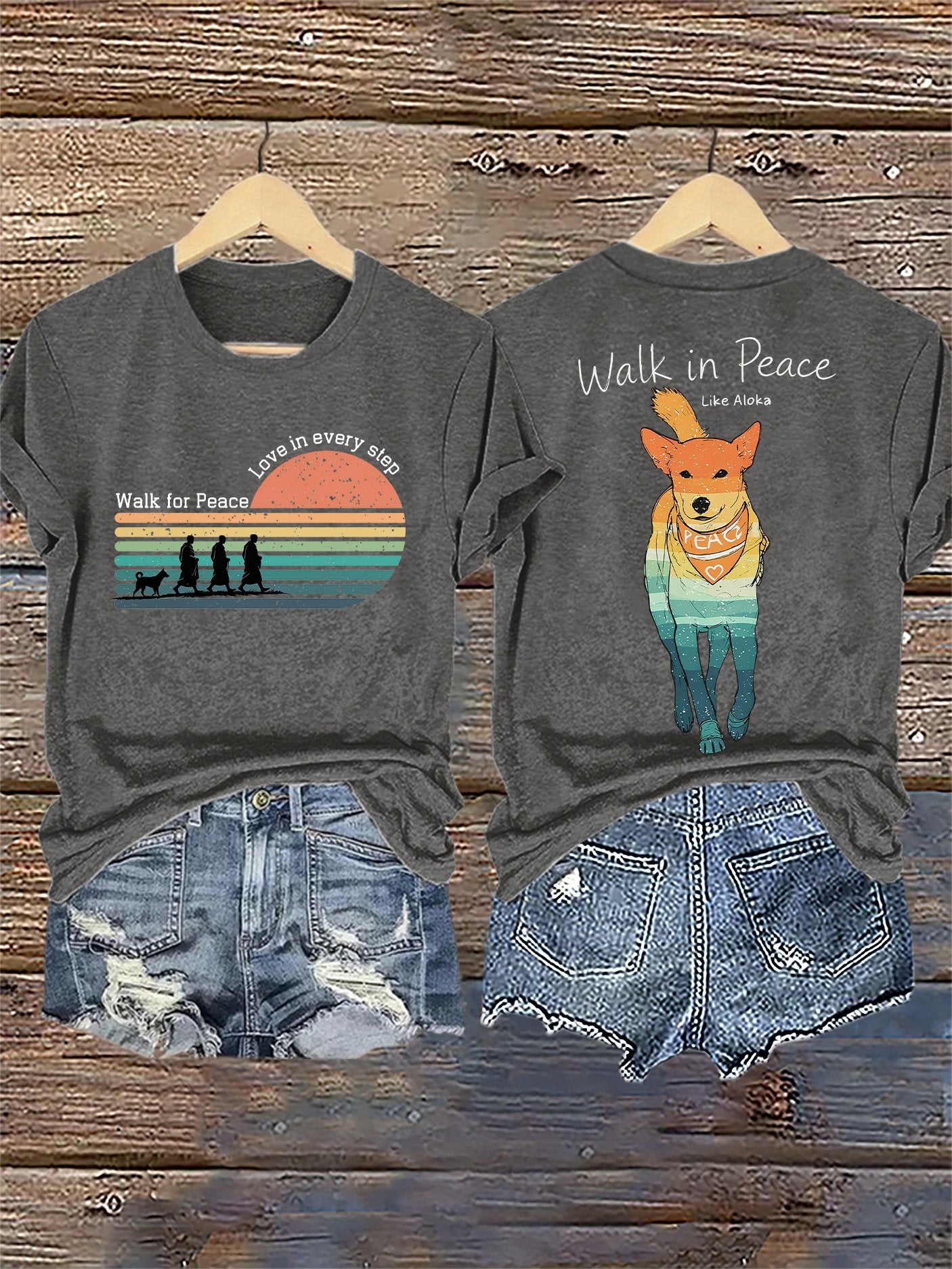 Retro Walk For Peace Love In Every Step Walk In Peace Like Aloka Dog Print T-Shirt