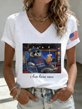 V-Neck Retro Last Show Raccoon I Live Here Now Print T-Shirt