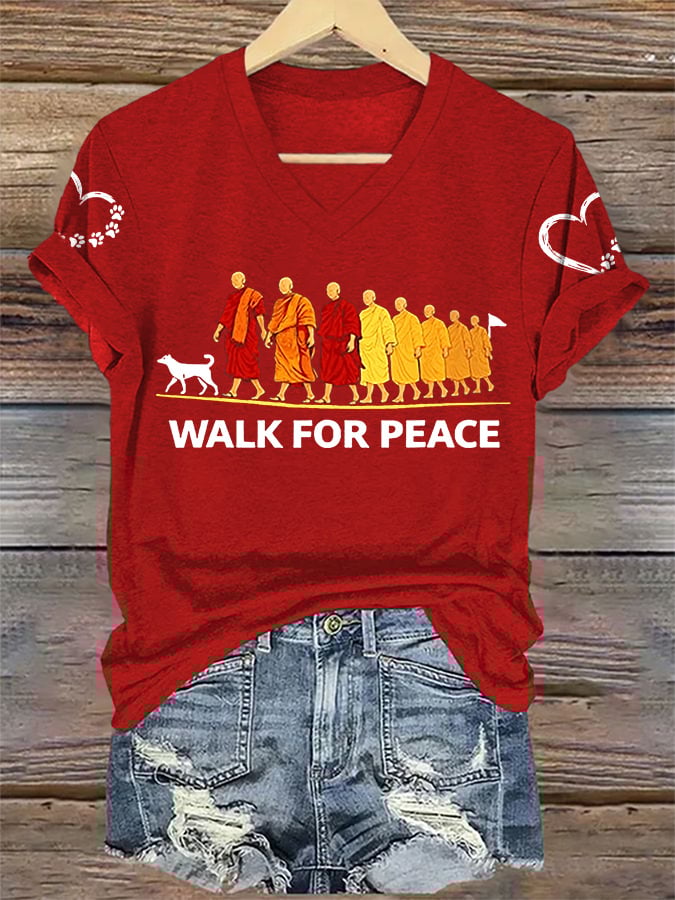 V-Neck Retro Walk For Peace Monks With Aloka Dog Print T-Shirt