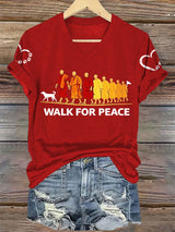 V-Neck Retro Walk For Peace Monks With Aloka Dog Print T-Shirt