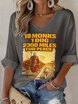 V-Neck Retro Walk For Peace 19 Monks 1 Dog 2300 Miles For Peace Print T-Shirt