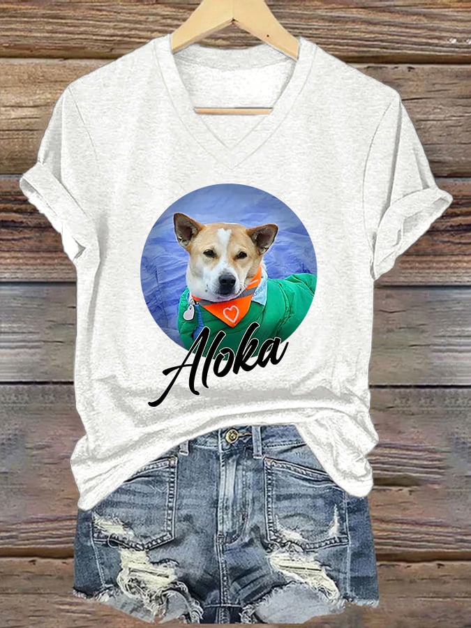 V-Neck Retro Walk For Peace Monks With Aloka Dog Print T-Shirt