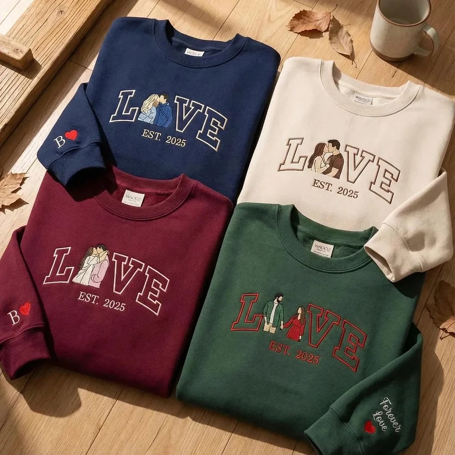 Personalized Embroidered Couple Photo Shirt – “LOVE” Portrait with Est. Year | Anniversary & Valentine’s Gift