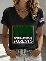 V-Neck Retro Save America's Forests Print T-Shirt