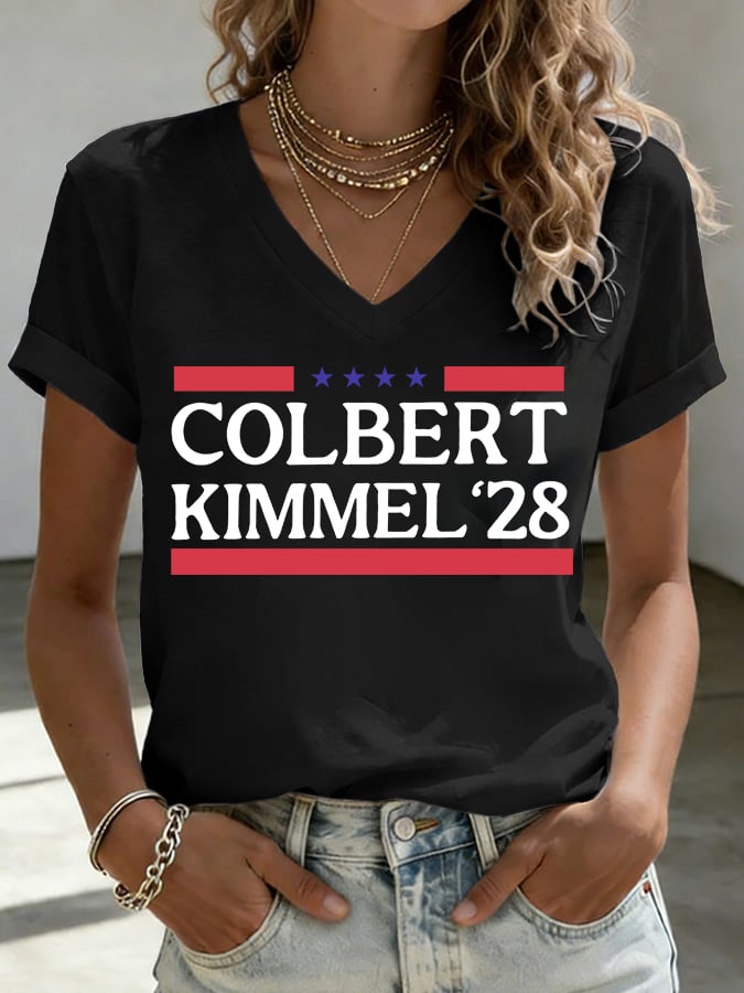V-Neck Women's Talk Show Colbert& Kimme 2028 Print T-Shirt