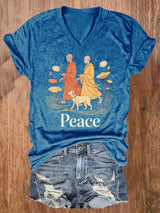 V-Neck Retro Walk For Peace Monks With Aloka Dog Print T-Shirt