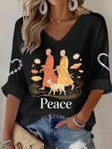 V-Neck Retro Walk For Peace Monks With Aloka Dog Print T-Shirt