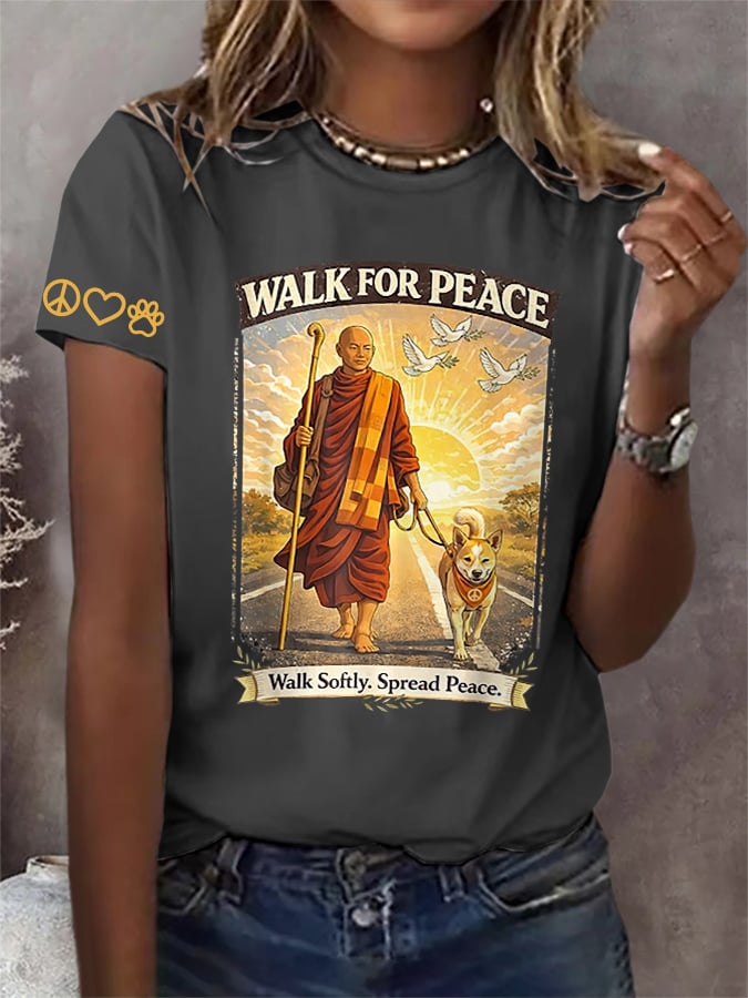 Retro Walk For Peace Monks With Aloka The Peace Dog Walk For Peace Walk Softly. Spread Peace Print T-Shirt