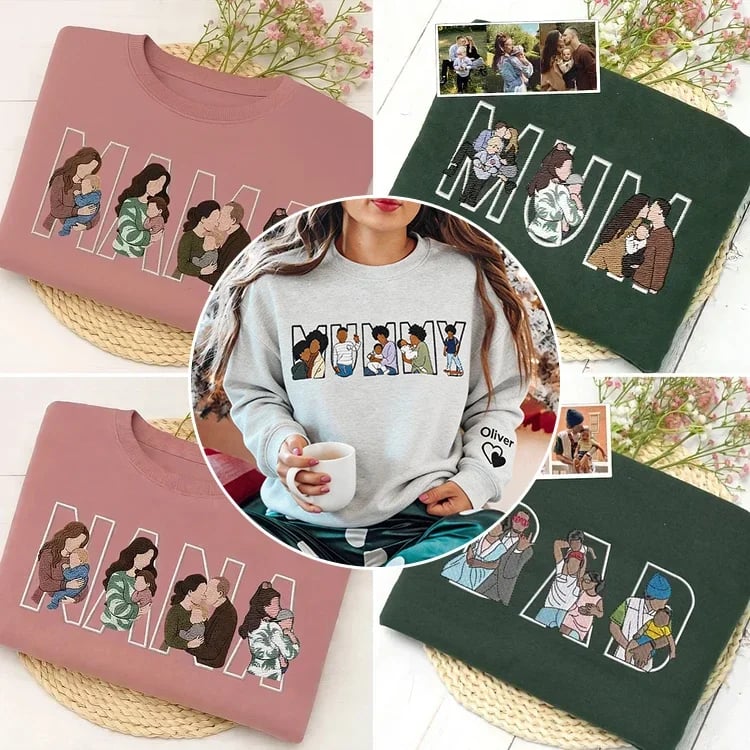 Custom Photo Portrait Embroidery  Hoodie  , Gift For Mum/Mama/Family