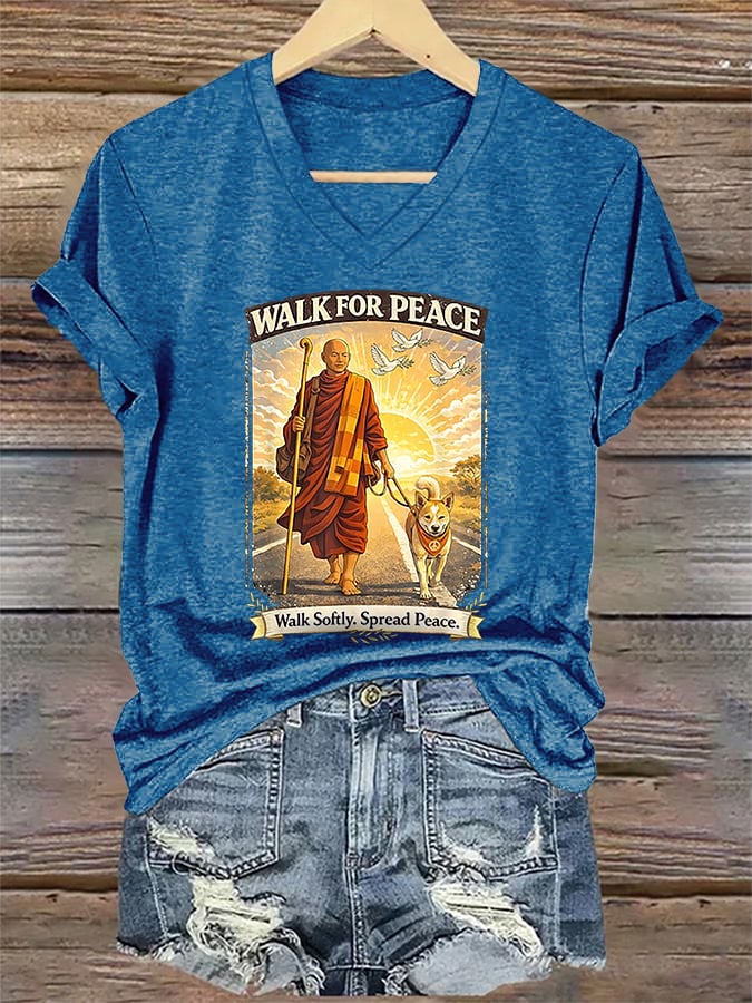 V-Neck Retro Walk For Peace Monks With Aloka The Peace Dog Walk For Peace Walk Softly. Spread Peace Print T-Shirt
