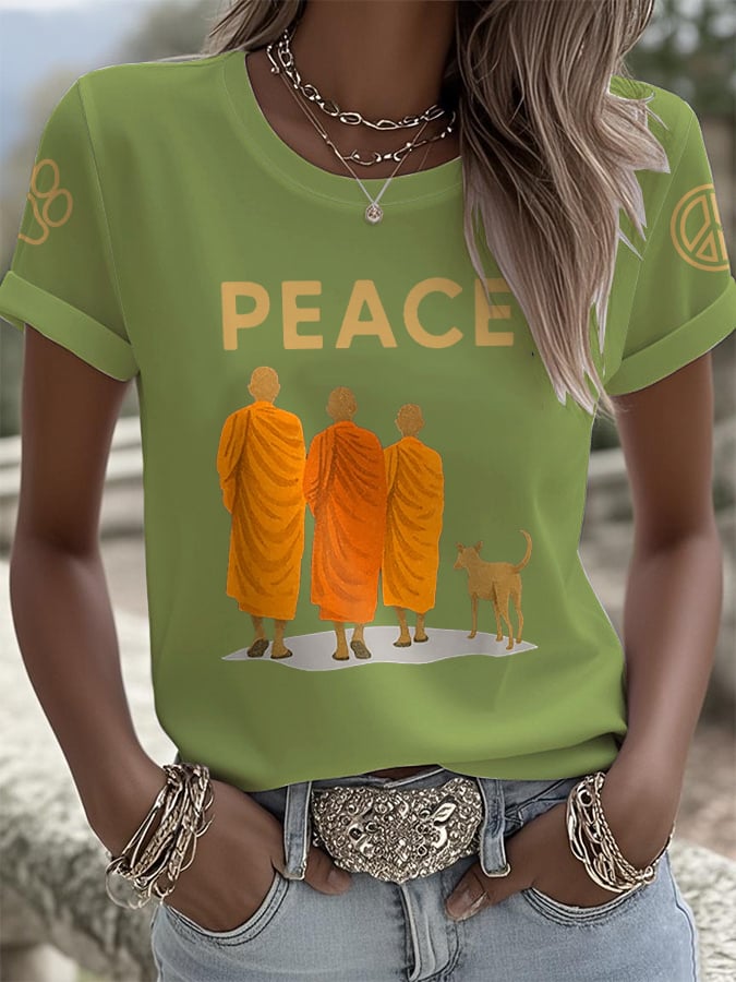 Retro Walk For Peace Monks With Aloka Dog Print T-Shirt