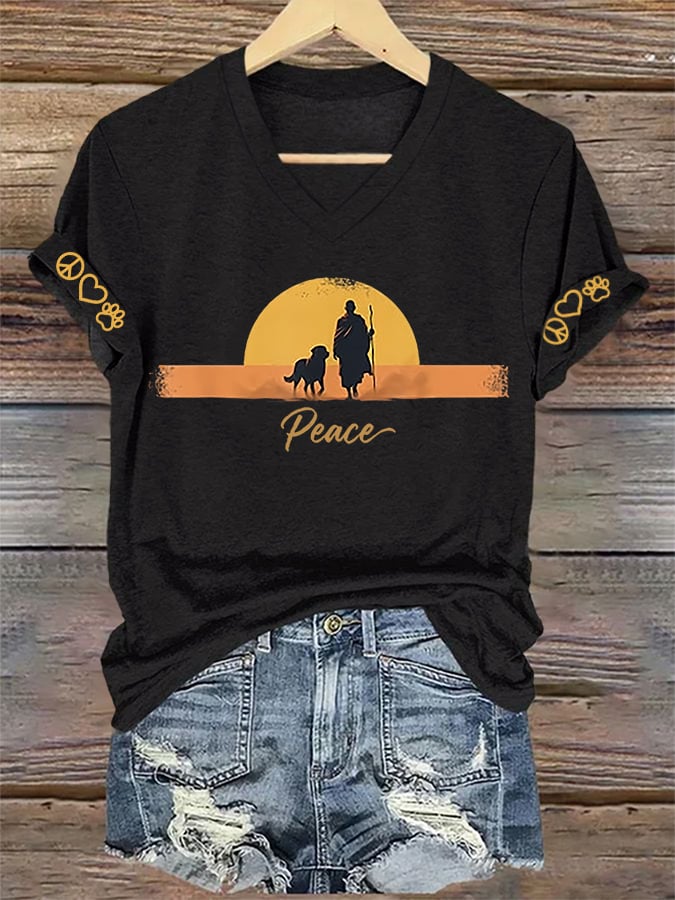 V-Neck Retro Walk For Peace Monks With Aloka Dog Print T-Shirt