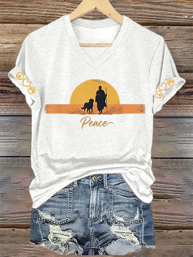 V-Neck Retro Walk For Peace Monks With Aloka Dog Print T-Shirt