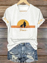 V-Neck Retro Walk For Peace Monks With Aloka Dog Print T-Shirt