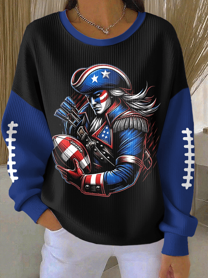 Women's Football Print Knit Crew Neck Long Sleeve Top