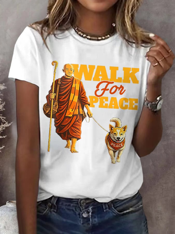 Retro Walk For Peace Monks With Aloka Dog Print T-Shirt