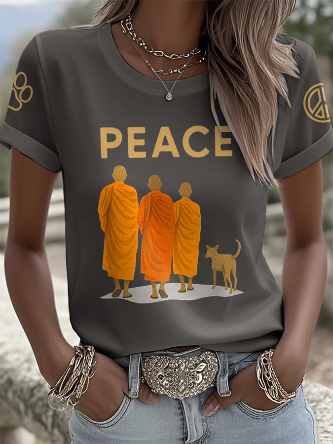 Retro Walk For Peace Monks With Aloka Dog Print T-Shirt