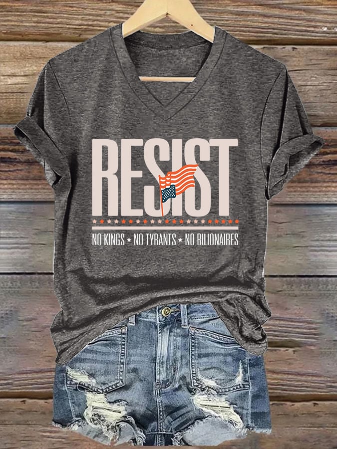 🔥Buy 3 Get 15% Off🔥V-Neck Retro Resist No Kings No Tyrants No Billionaires Print T-Shirt