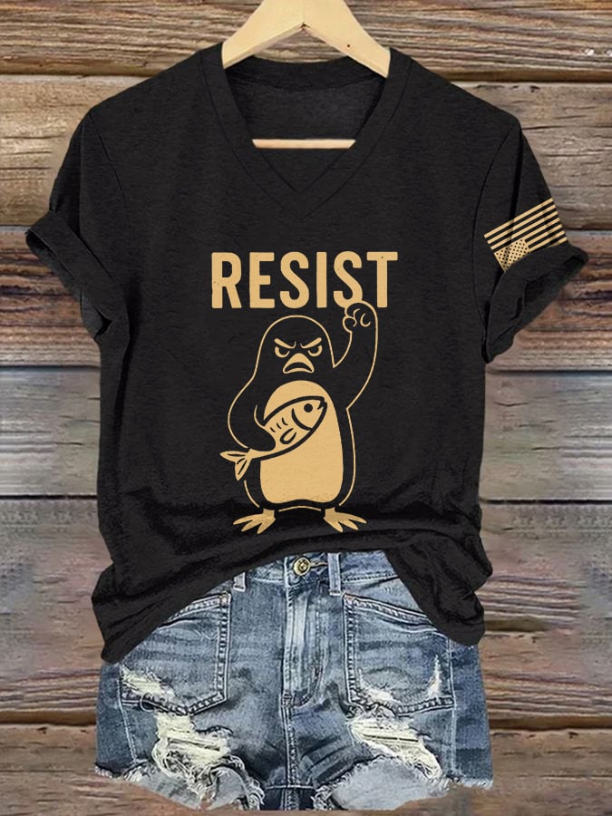 🔥Buy 3 Get 15% Off🔥V-Neck Retro Penguins Resist Tariffs Print T-Shirt