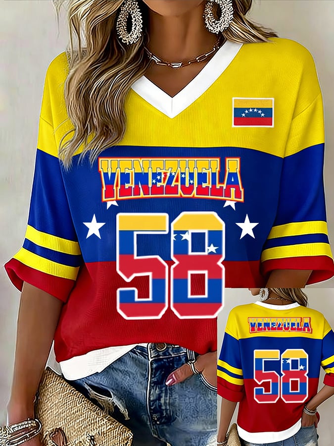 Women's Baseball Print V-Neck Top