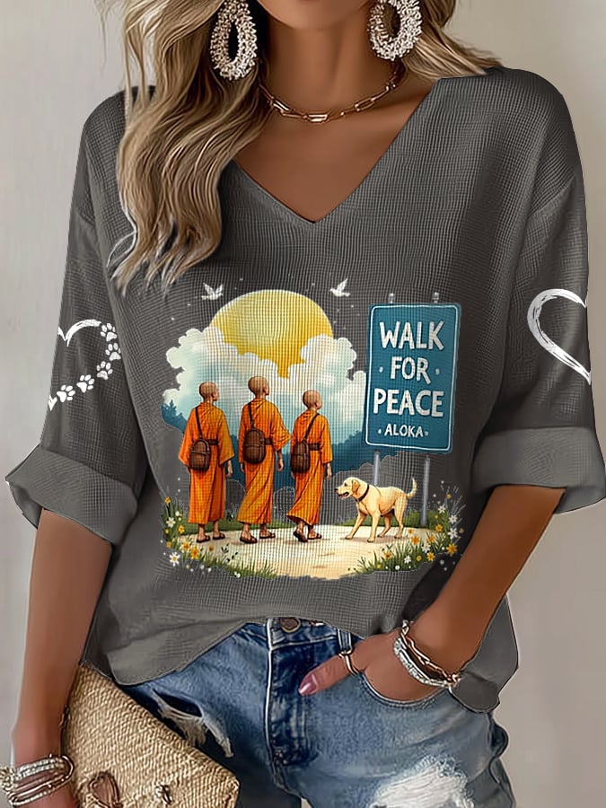 V-Neck Retro Walk For Peace Monks With Aloka Dog Print T-Shirt