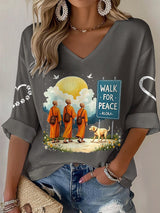 V-Neck Retro Walk For Peace Monks With Aloka Dog Print T-Shirt
