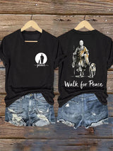 V-Neck Retro Walk For Peace Monks With Aloka Dog Print T-Shirt