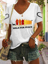 V-Neck Retro Walk For Peace Monks With Aloka Dog Print T-Shirt