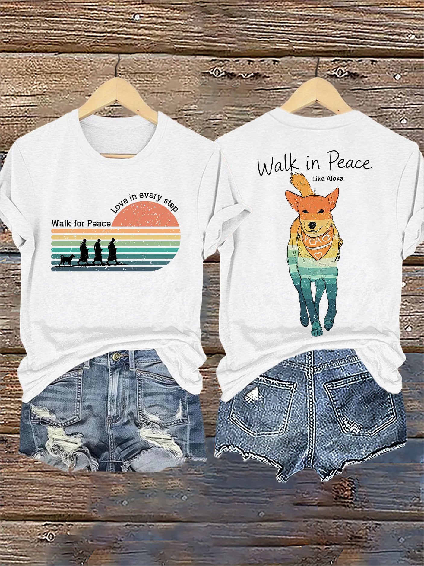 Retro Walk For Peace Love In Every Step Walk In Peace Like Aloka Dog Print T-Shirt