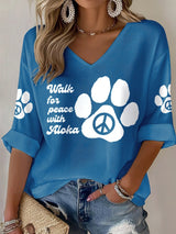 V-Neck Retro Walk For Peace Like Aloka Print T-Shirt