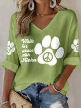 V-Neck Retro Walk For Peace Like Aloka Print T-Shirt