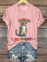 Women's Ally Cat Print V Neck T-Shirt