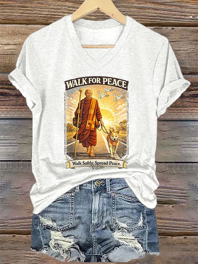 V-Neck Retro Walk For Peace Monks With Aloka The Peace Dog Walk For Peace Walk Softly. Spread Peace Print T-Shirt