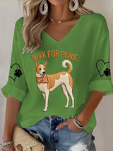 V-Neck Retro Walk For Peace Monks With Aloka Dog Print T-Shirt