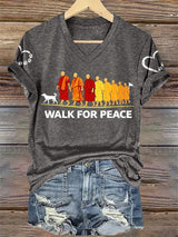 V-Neck Retro Walk For Peace Monks With Aloka Dog Print T-Shirt