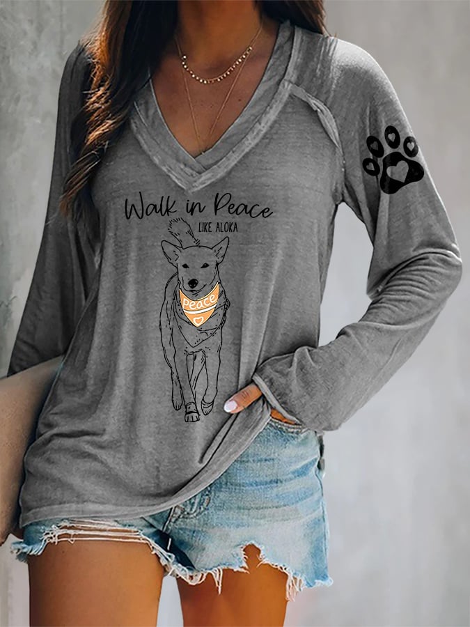 V-neck Retro Walk For Peace Monks With Aloka Dog Print T-Shirt