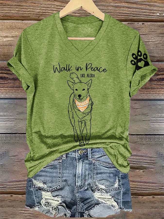 V-Neck Retro Walk In Peace Like Aloka Dog Print T-Shirt