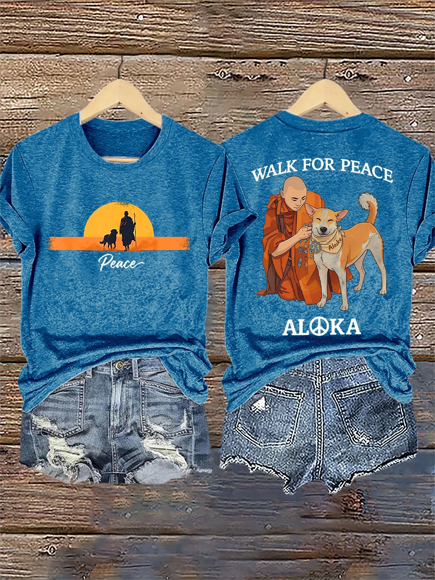 Retro Walk For Peace Monks With Aloka Dog Print T-Shirt