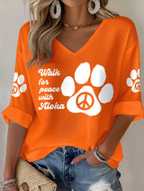 V-Neck Retro Walk For Peace Like Aloka Print T-Shirt