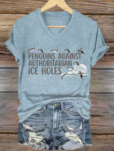 🔥Buy 3 Get 15% Off🔥Women's Penguins Against Authoritarian Ice Holes Printed V Neck T-shirt