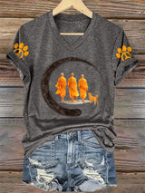 V-Neck Retro Walk In Peace Like Aloka Dog Print T-Shirt